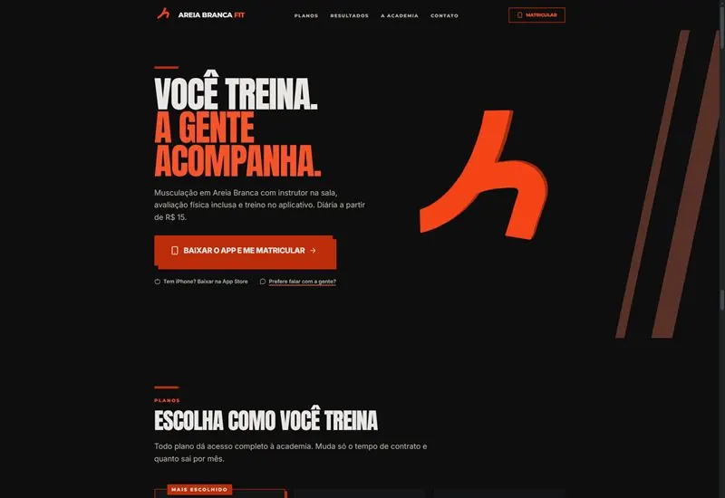 Página do site da Areia Branca Fit, do topo ao rodapé