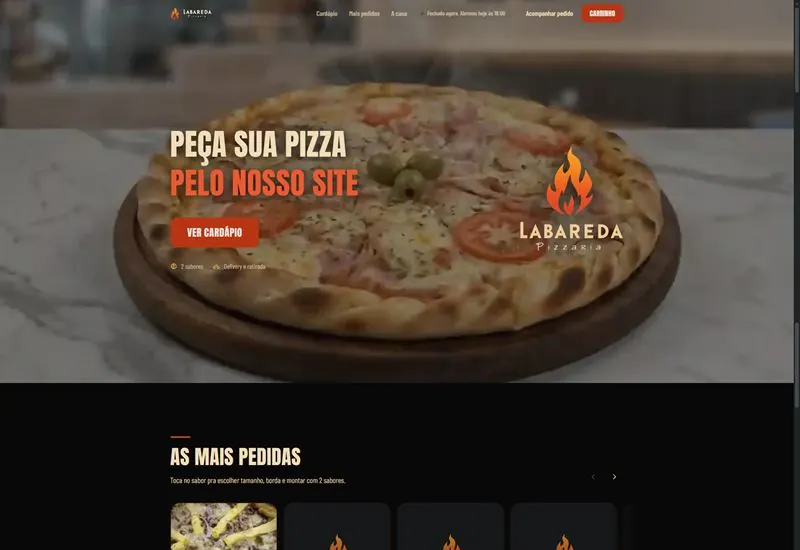 Página do site da Labareda Pizzaria, do topo ao rodapé