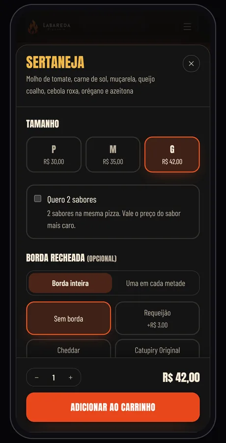Site real da Labareda no celular: escolha do tamanho e da borda da pizza Sertaneja, com o preço de cada tamanho.