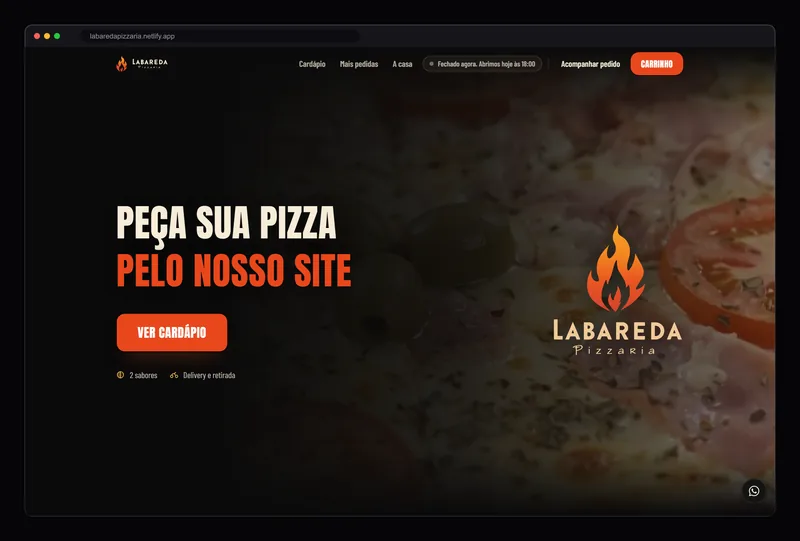 Site da Labareda Pizzaria aberto no computador, com o botão Ver cardápio.