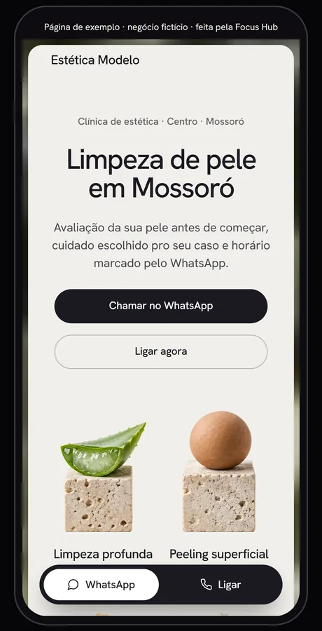 Página de anúncio de exemplo de uma clínica de estética fictícia no celular, com os botões Chamar no WhatsApp e Ligar agora.
