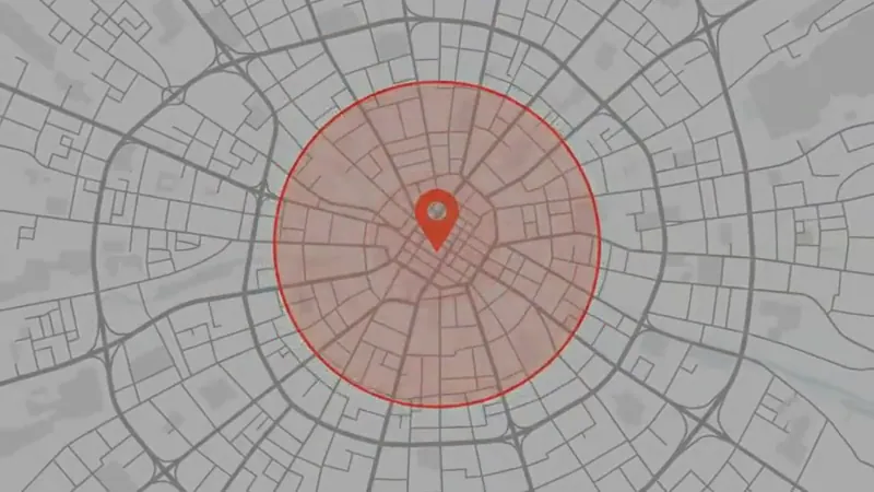 Mapa com o pin do negócio e o círculo do raio abrindo, com o número de pessoas dentro dele subindo até o valor final. O número entra quando for medido.