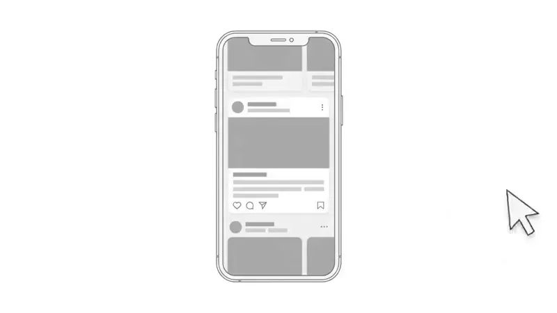 Feed rolando, o anúncio entrando na tela e o cursor do mouse chegando e clicando nele. Termina abrindo a página do cliente.